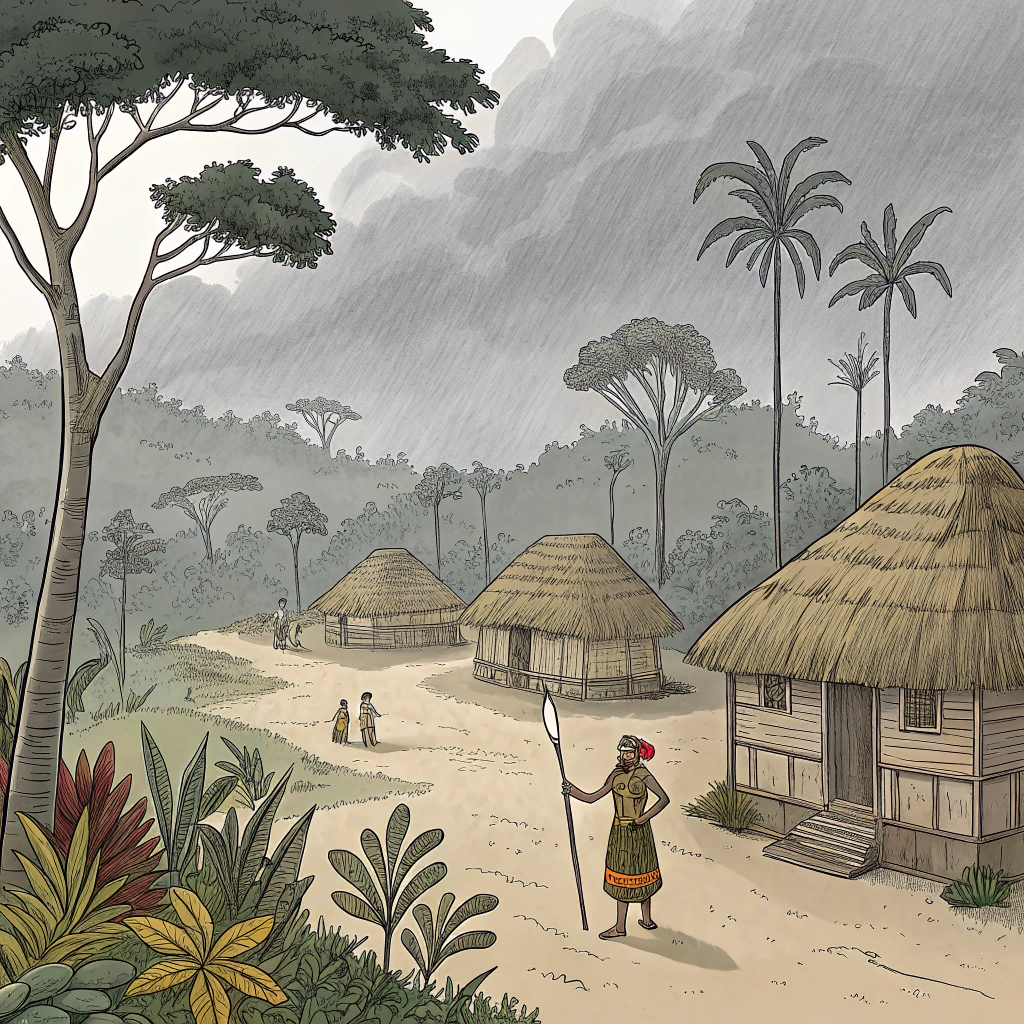 AI generated image by Red Panda AI: Crea una imagen, Un pueblo Tsáchila en medio de una espesa selva tropical. Las chozas de paja y madera están esparcidas entre los árboles. Personas de todas las edades aparecen enfermas, con rostros pálidos y preocupados. El cielo está cubierto de nubes grises, simbolizando el sufrimiento. En el centro, un shaman anciano observa con desesperación, sosteniendo un bastón decorado con plumas y collares de semillas. Estilo lineal.