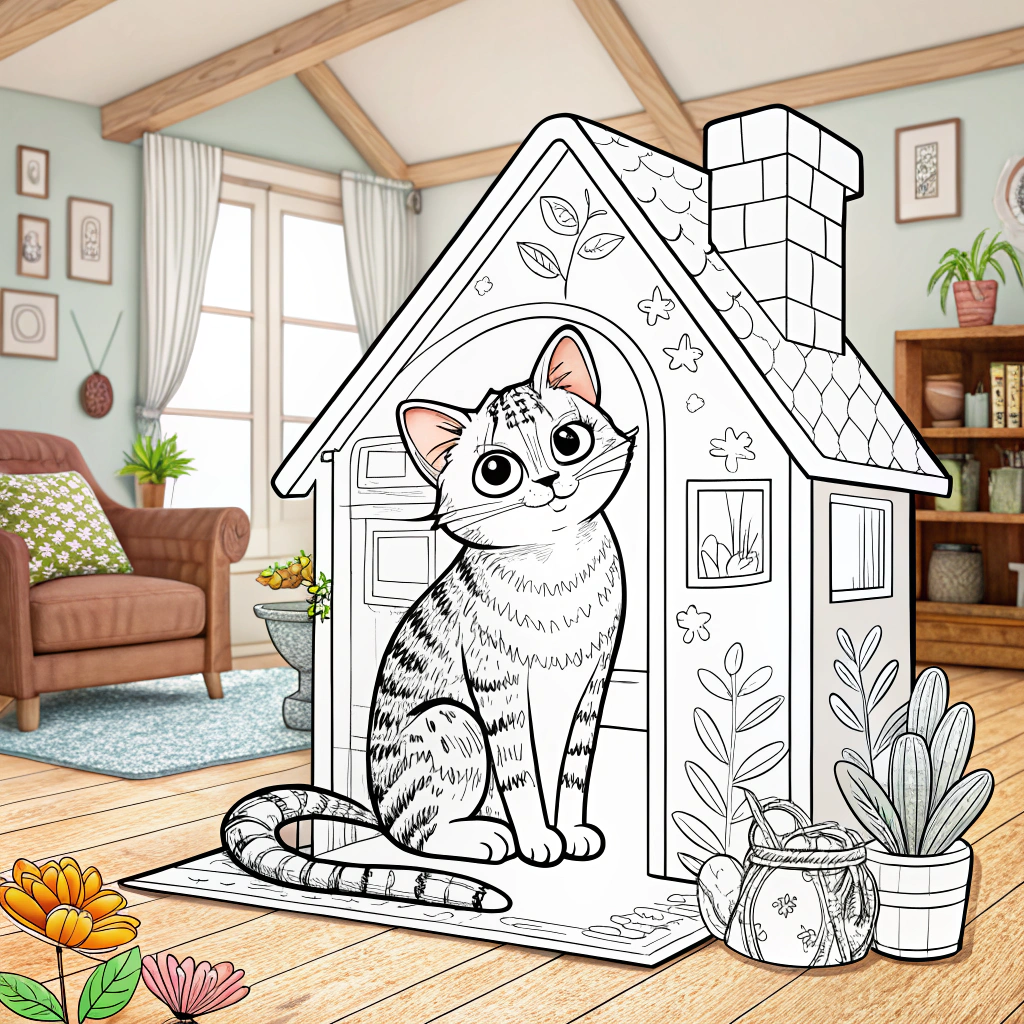 AI generated image by Red Panda AI: gato en casa para colorear.  todo en blanco y las lineas negras. Se debe poder colorear.