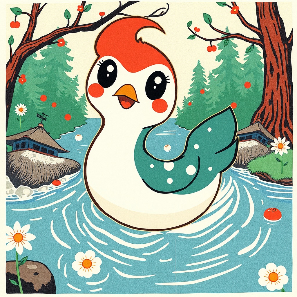 AI generated image by FLUX.1-schnell: Generate a delightful scene featuring a whimsical Smew with large, expressive eyes as the focal point, joyfully swimming through a decorated river, in a colorful woodblock print style. 