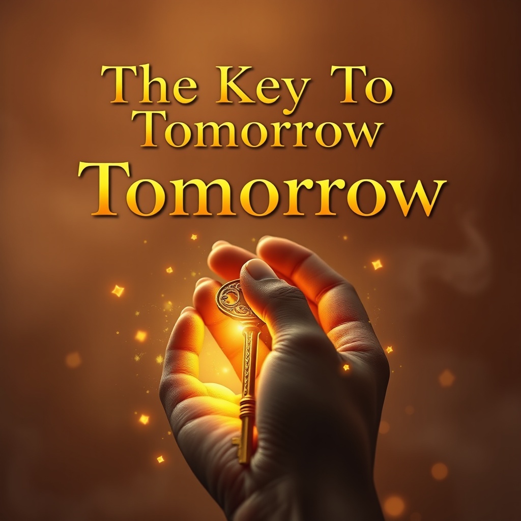 AI generated image by FLUX.1-schnell: A hand, holding a golden key, glowing with a warm, golden light. The key is ornate, with intricate carvings and details.  The title "The Key To Tomorrow" is displayed above the hand, in a large, gold, stylized font.  The backdrop is a soft, muted brown and orange color palette, reminiscent of sunrise/sunset. There is a haze of light smoke or mist in the background, and shimmering, glowing particles, like tiny golden stars, are scattered around the key, indicating movement and magic.  The image is hyperrealistic with a slightly impressionistic quality in the soft bokeh effect around the light particles.  Focus is on the key and hand, and background fades slightly out of focus, making the key and hand prominent.
