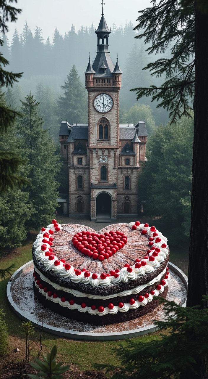 AI generated image by FLUX.1-pro: The world's largest black forest cake, the size of a building, surrounded by trees of the black forest