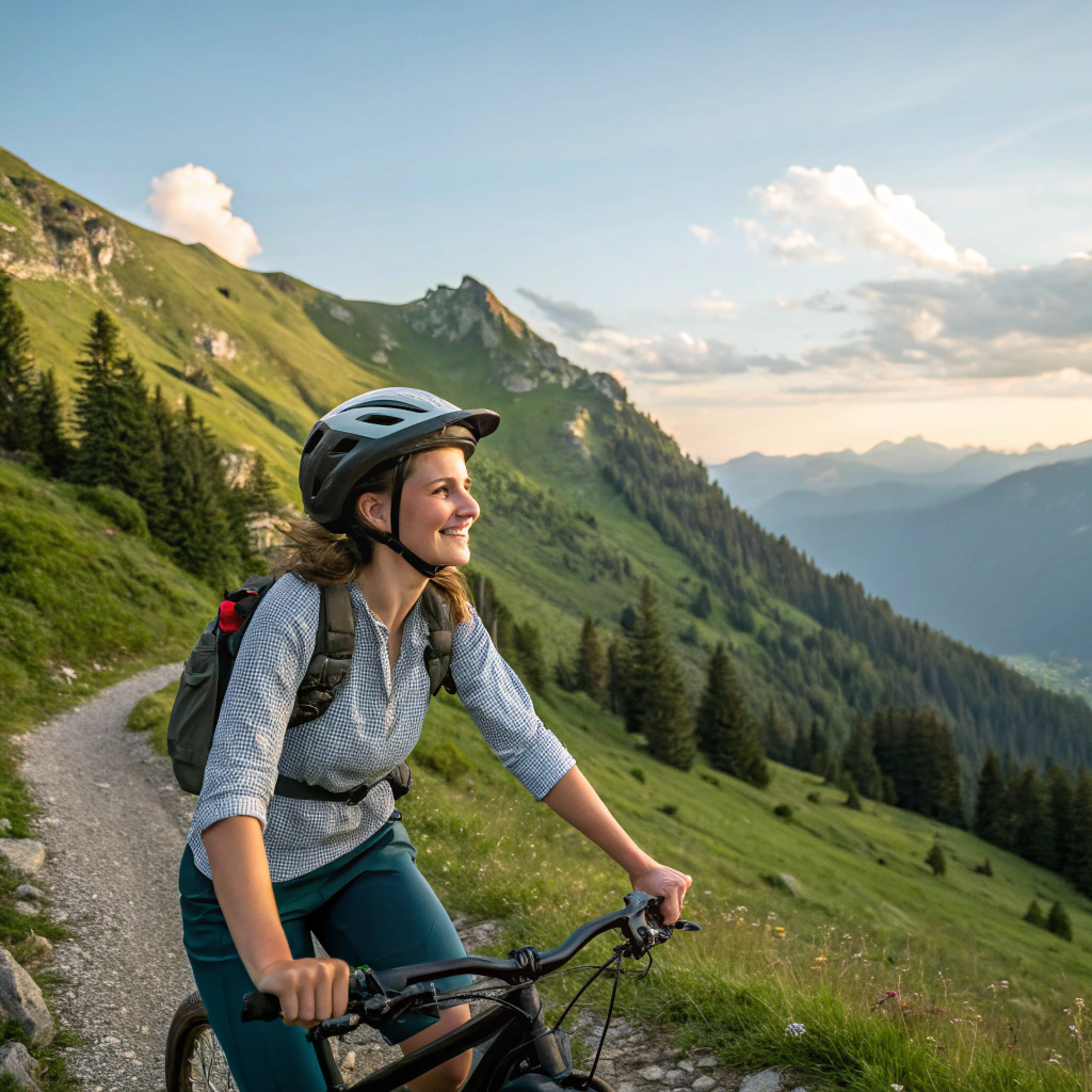 AI generated image by Red Panda AI: Una joven de unos 20 años de edad hermosa sobre una bicicleta en una montaña