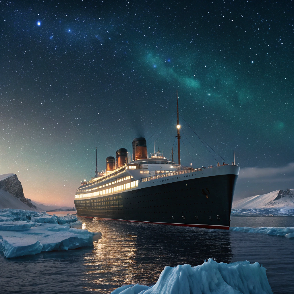 AI generated image by Red Panda AI: A grand, luxurious ocean liner sailing under a starry night sky, surrounded by vast, icy waters of the North Atlantic, with an air of majesty and silent doom