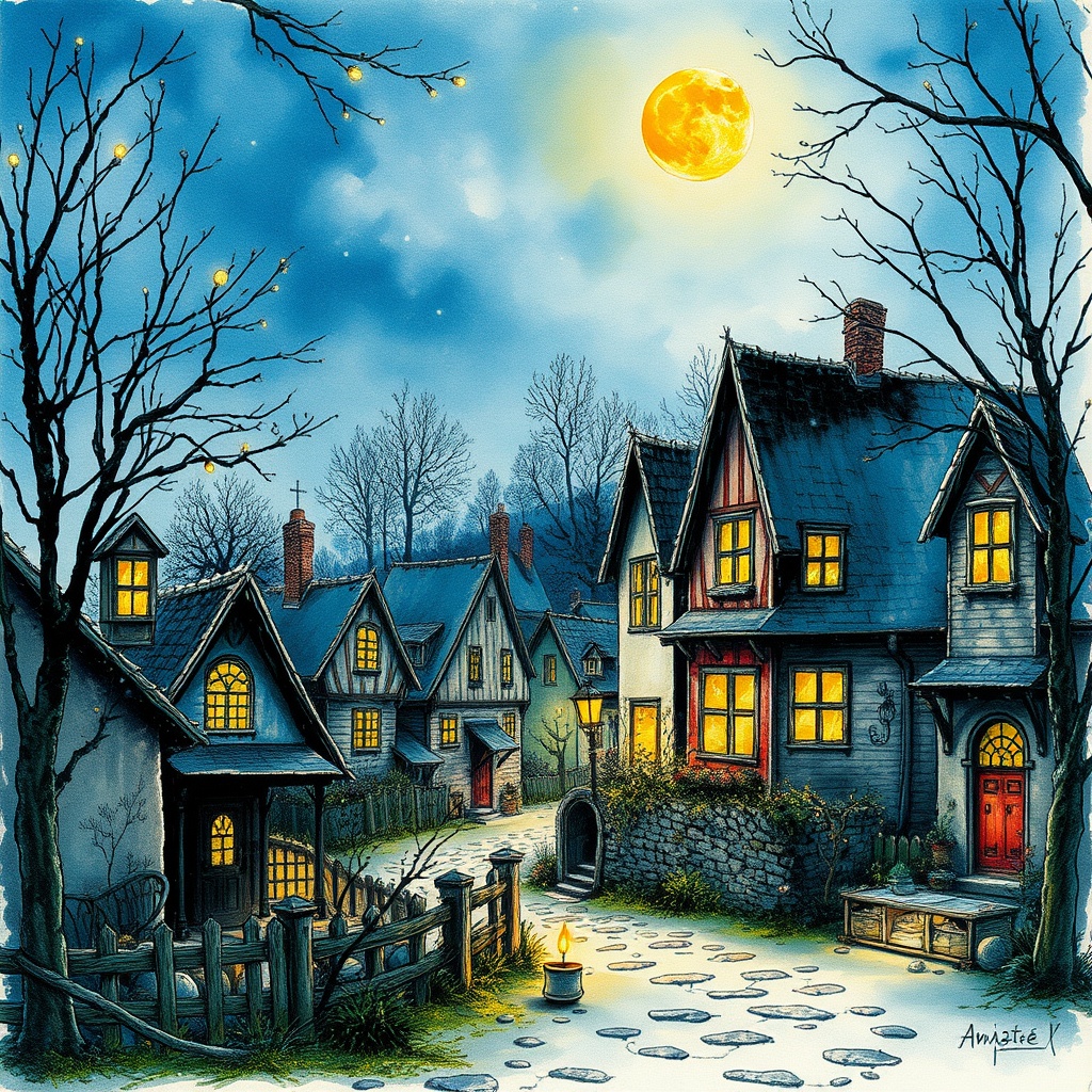 AI generated image by FLUX.1-schnell: springtime nightscape. „eastern“. Ink sketch with watercolour. Parchment paper. Magical. Festive. Village. Glowing lights. Candles. Highly detailed ink sketch with watercolor. By Catrin Welz-Stein and Sam Toft