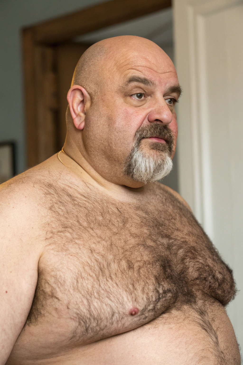 AI generated image by Red Panda AI: a studio photo of a slightly overweight 50 year old hirsute man. Man has heavy amount of body hair, hairy chest pattern, expanding his bloated heavy bearded-belly, bald head, brown and white goatee