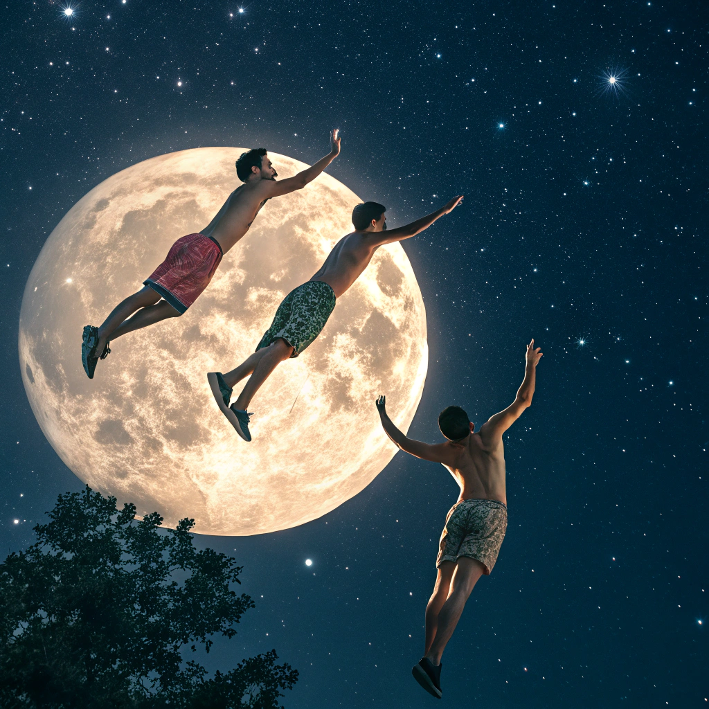 AI generated image by Red Panda AI: Men in shorts pants flying near the moon