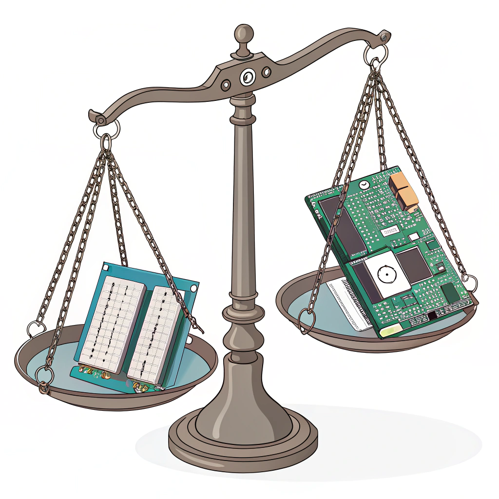 AI generated image by Red Panda AI: Genera una imagen de una balanza equilibrando los componentes de una computadora, el software y el hardware segun su importancia