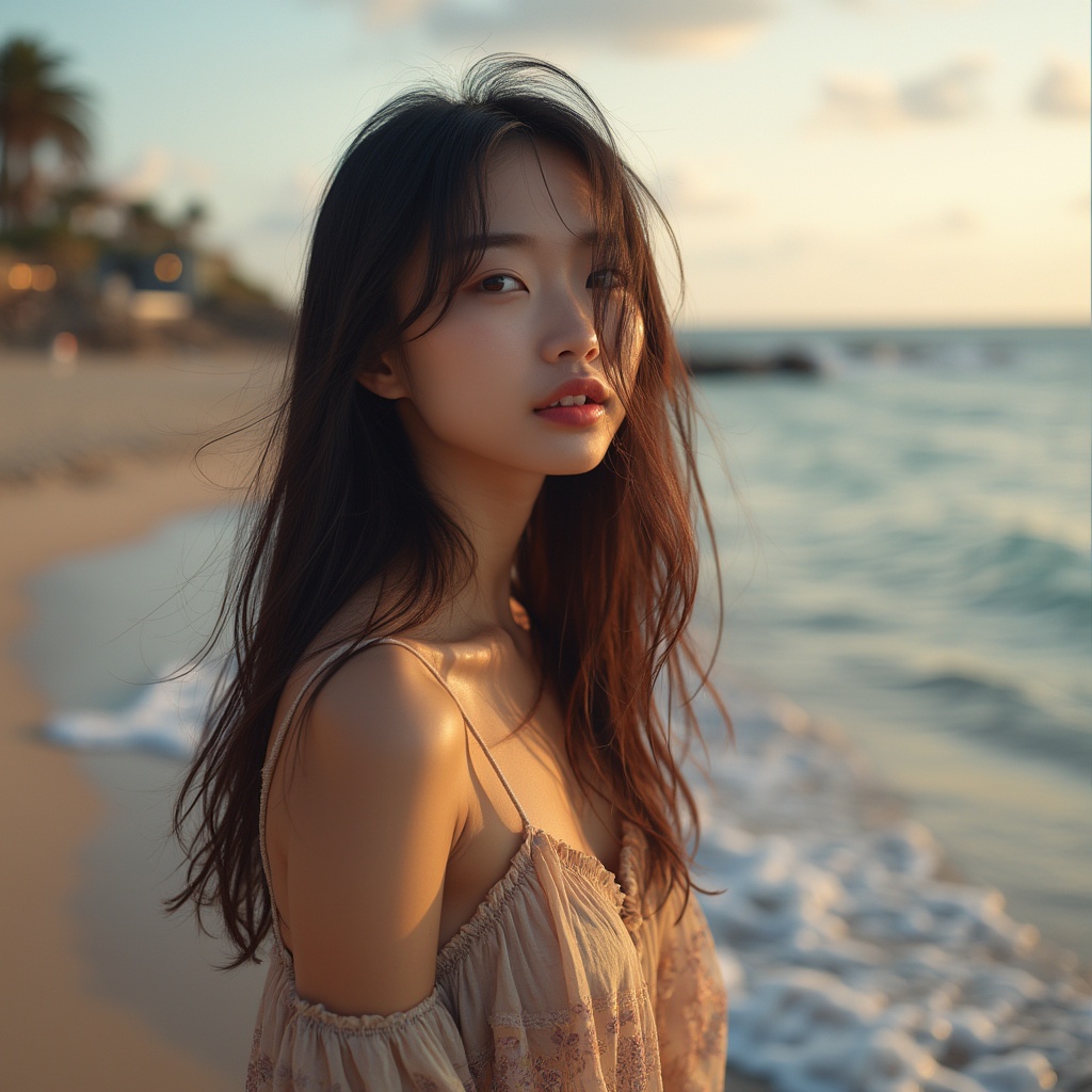 AI generated image by FLUX.1-pro: beautiful asian girl on seaside