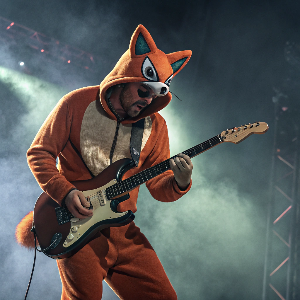 AI generated image by Red Panda AI: A man as Swiper the thief fox as a rock guitar player