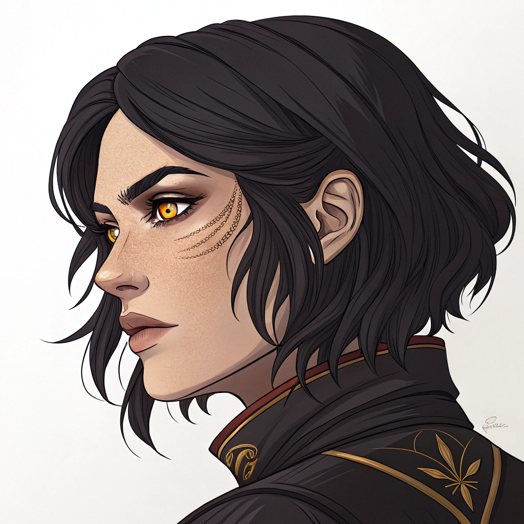 AI generated image by Red Panda AI: crea un personaje mujer de pelo negro y ojos dorados, perfil, estilo de dibujo como los personajes de Arcane 