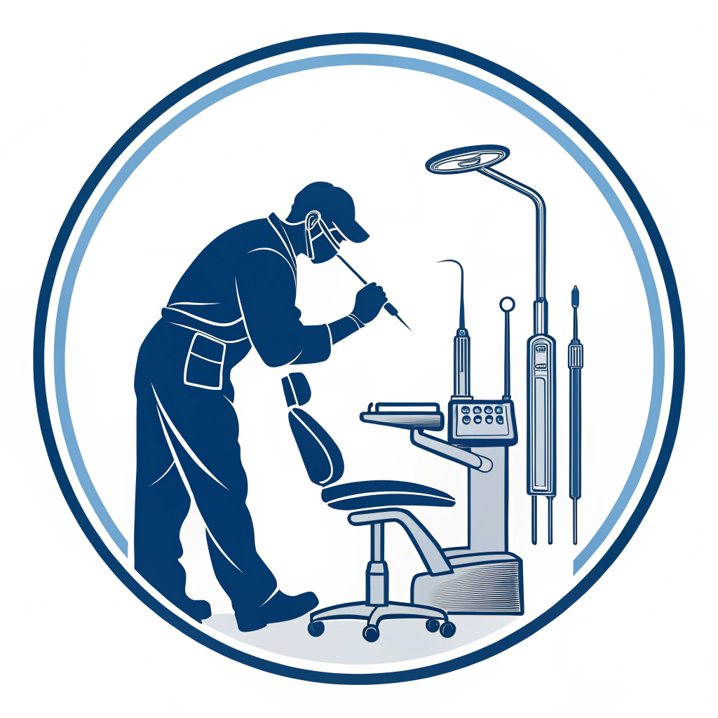 AI generated image by Red Panda AI: Diseña un logo minimalista con la silueta de un técnico en overol reparando una unidad estomatológica. El equipo odontológico debe ser reconocible, mostrando solo los bordes o sombras de los objetos, incluyendo herramientas. Usa un estilo limpio y simple, con líneas finas en tonos azul y plateado para reflejar profesionalismo y tecnología biomédica, sin detalles complejos.