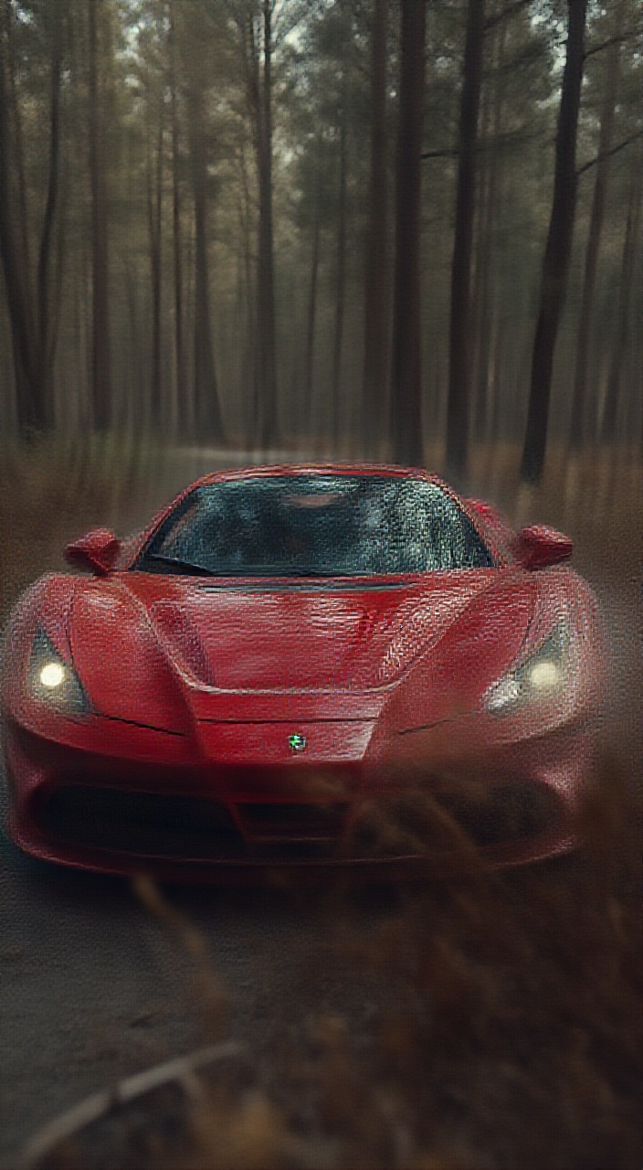 AI generated image by FLUX.1-pro: Imagine a spectacular scene captured in cinematic detail: On a circular drift track at dusk, a striking red Ferrari F8 Spider Mansory stands out as the centerpiece, its illuminated headlights casting dramatic shadows on the sleek curves of the car. The camera is precisely positioned just 2 meters away from the vehicle, offering a unique side view that perfectly frames the driver's seat. In that seat, a beautiful and smiling young woman with flowing black hair exudes confidence and energy, her expression the very embodiment of thrill and elegance. On the passenger side, an equally attractive blonde complements the scene with her poised presence. Enveloped by a dense pine forest, the setting contrasts vividly with the vibrant red of the Ferrari, all rendered in realistic, Leica-authentic colors with high contrast that accentuates every detail. The atmosphere is intense yet natural, with no other people or vehicles in sight, allowing the raw excitement of the moment to shine through