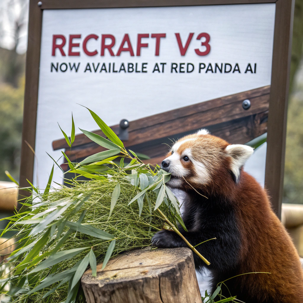 AI generated image by Red Panda AI: a red panda eating a bamboo in front of a poster that says "recraft V3 now available at red panda ai