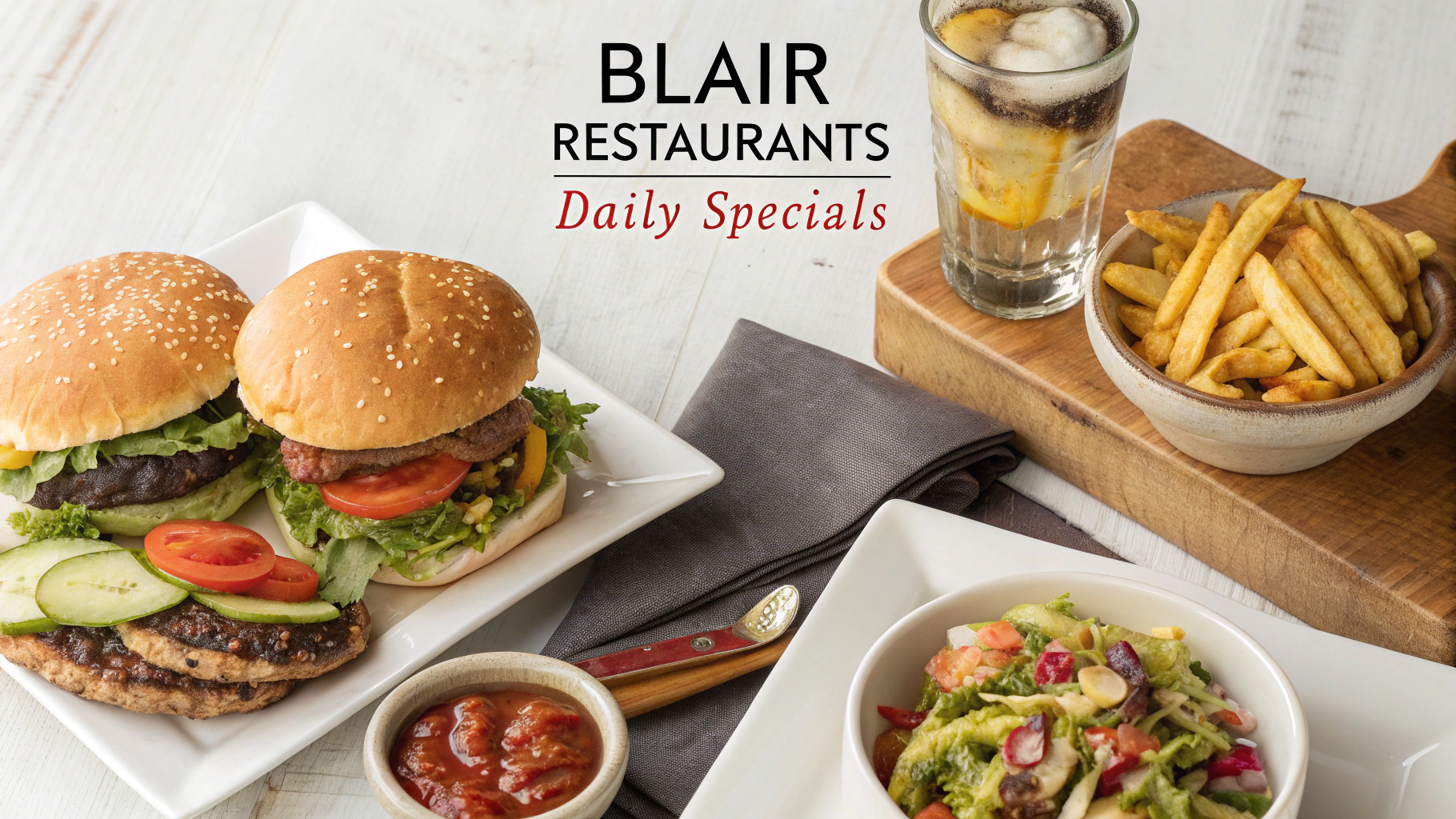 AI generated image by Red Panda AI: menu-inspired header graphic with these features: "Blair Restaurants Daily Specials", burgers and fries.  Soda and salad.
