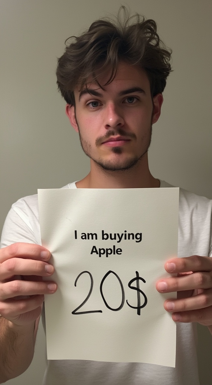 AI generated image by FLUX.1-pro: IMG_2108.jpg male selfie holding a piece of paper with text I am buying apple 20$ 147-067-006