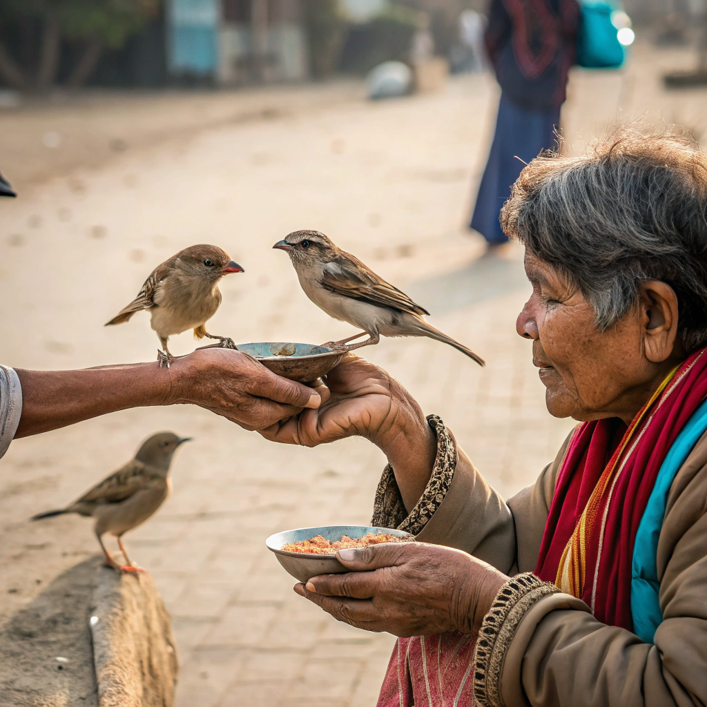 AI generated image by Red Panda AI: Birds helping poor people 