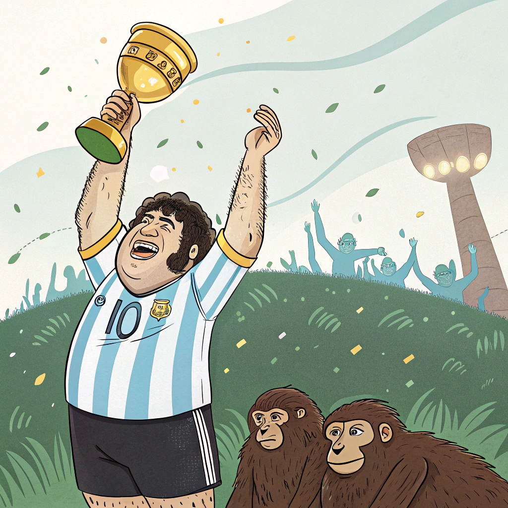 AI generated image by Red Panda AI: gordo panzon argentino levantando una copa del mundo despues de haberle ganado la final del mundial a brasil perolos brasileños son monos en vez de personas