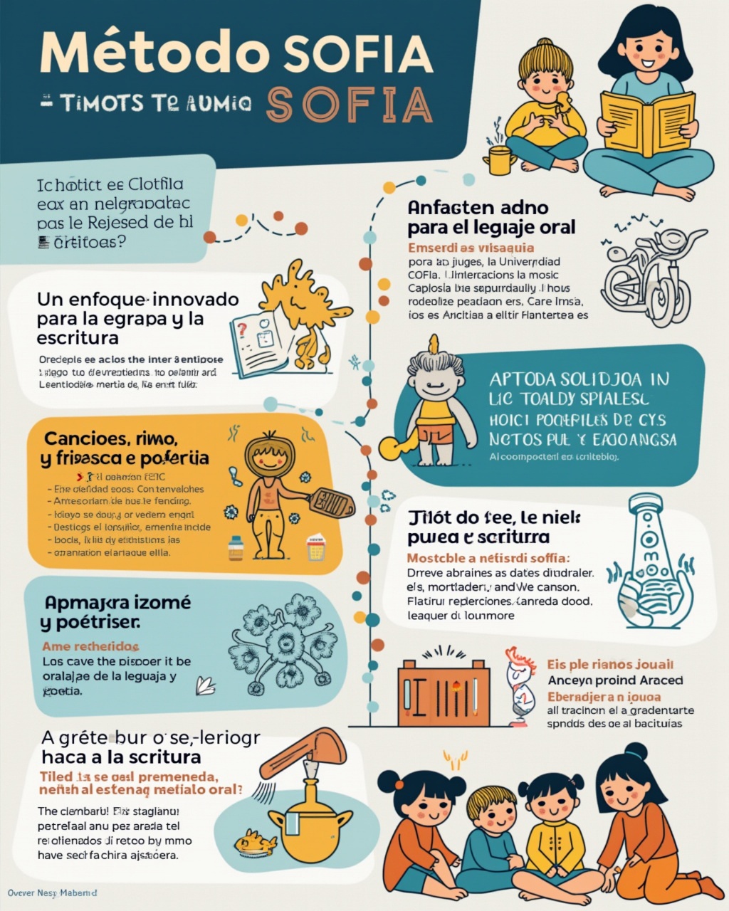 AI generated image by FLUX.1-pro: Diseña una infografía atractiva y educativa sobre el Método SOFIA, un enfoque innovador para la enseñanza de la lectura y la escritura en niños. La infografía debe tener un estilo moderno, limpio y visualmente amigable, con ilustraciones coloridas y elementos gráficos que refuercen la información.

Usa los colores de la marca: azul oscuro, naranja y blanco, combinados de forma equilibrada para dar un aspecto profesional y accesible. Emplea tipografías claras y legibles para facilitar la lectura.

Incluye los siguientes títulos y secciones:

    ¿Qué es el Método SOFIA? – Breve explicación sobre su creación por la Fundación SOFIA y la Universidad Católica para mejorar el aprendizaje de la lectura y escritura.
    Un enfoque innovador para la lectura y la escritura – Destacar cómo se basa en la oralidad para luego avanzar a la escritura.
    Aprender jugando: la importancia del lenguaje oral – Explicar cómo el método utiliza el juego, la música y la poesía para potenciar el lenguaje oral.
    Canciones, rimas y poesía: el primer paso hacia la escritura – Mostrar cómo estas herramientas preparan a los niños para la escritura.
    Todo lo que el niño puede decir, lo puede escribir – Explicar el concepto de que la oralidad es la base de la escritura.
    Materiales clave: libro de trabajo y porfolio de escritura – Mostrar los dos soportes fundamentales para el aprendizaje.
    Un proceso dinámico y desafiante para los niños – Destacar cómo la metodología mantiene la motivación y el interés de los alumnos.
    Resultados que superan expectativas – Resaltar la efectividad del método según evaluaciones.
    Preparando a los alumnos para un aprendizaje sólido – Explicar cómo esta aproximación sienta bases firmes para el futuro.
    Educación con propósito en el Colegio Del Carmen – Refuerzo final sobre el compromiso del colegio con este método.

El diseño debe incluir iconos educativos (libros, lápices, niños aprendiendo, notas musicales) y elementos gráficos relacionados con la lectura y la escritura en niños pequeños, respetando los colores azul oscuro, naranja y blanco para mantener la identidad visual de la marca