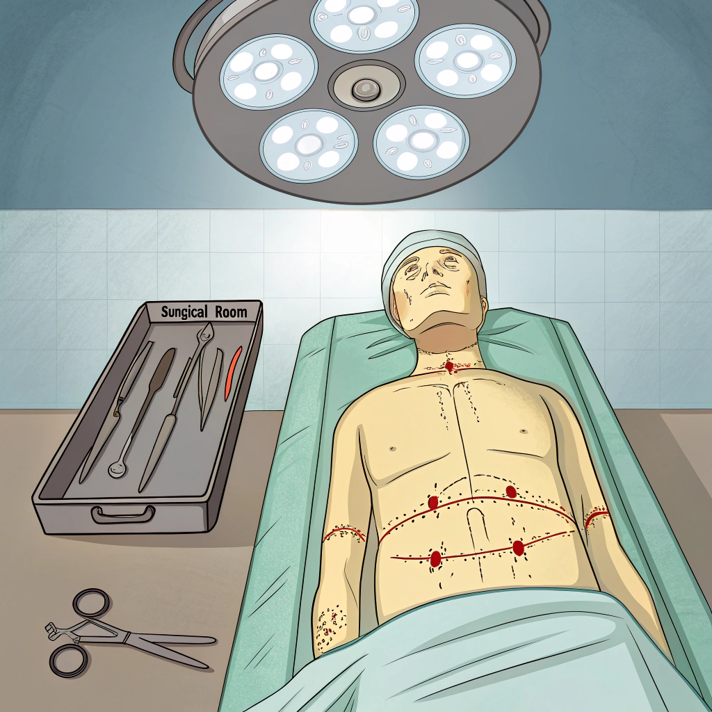 AI generated image by Red Panda AI: Aquí tienes una descripción para generar un dibujo animado del cadáver con las características que mencionas:

---

**Descripción para generar un dibujo animado:**

Una escena estilo dibujo animado, en una sala de cirugía con iluminación médica. En el centro, un cadáver humano con un tono de piel pálido pero sin descomposición visible (para evitar connotaciones forenses). El cuerpo está cubierto parcialmente con una sábana quirúrgica, dejando al descubierto solo el torso y parte del abdomen.

Sobre el cuerpo, hay marcas de incisión quirúrgica trazadas con rotulador quirúrgico (líneas punteadas y flechas simples, estilo caricatura). Alrededor, se muestran algunas herramientas quirúrgicas (bisturí, pinzas, tijeras quirúrgicas), colocadas en una bandeja metálica al lado del cuerpo.

El estilo visual es de caricatura suave, sin sangre, sin expresión facial fuerte ni violencia. El objetivo es mostrar un enfoque clínico y quirúrgico, no forense ni morboso.

