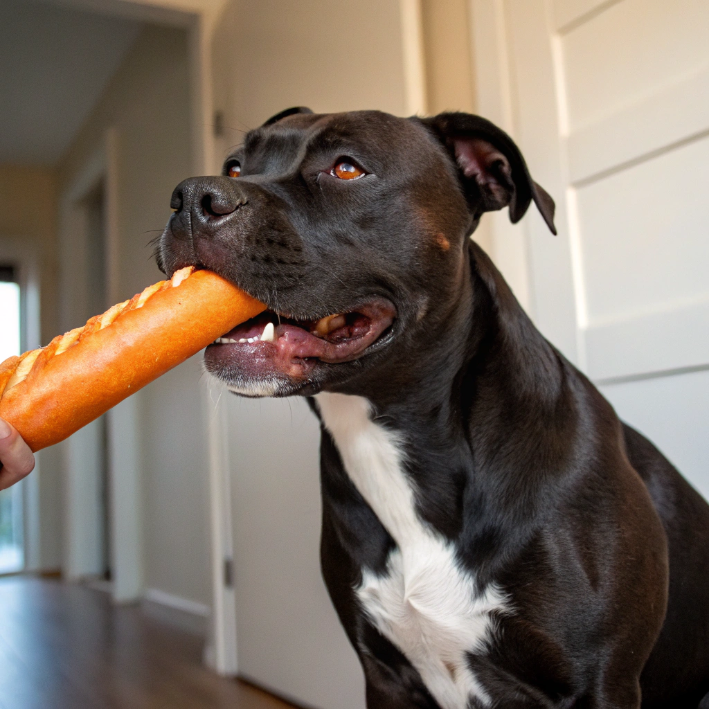 AI generated image by Red Panda AI: un pitbull negro con una mancha blanca en el pecho sosteniendo un hotdog por la mitad con su hocico