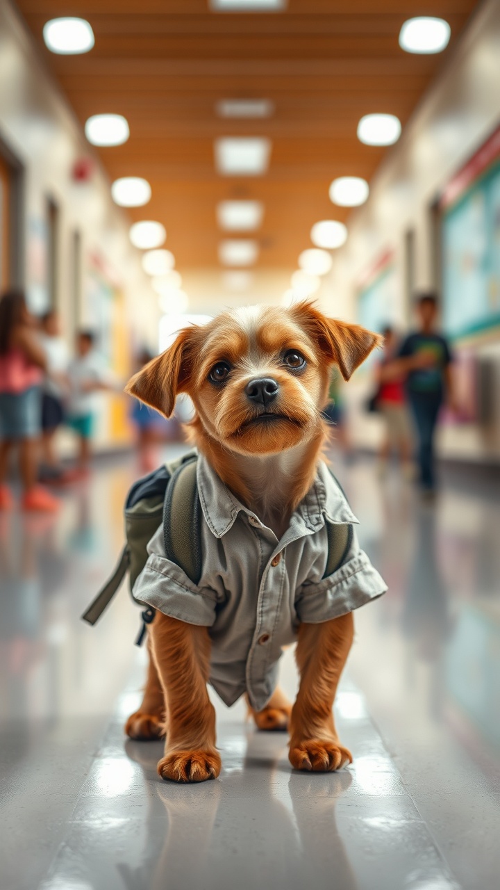 AI generated image by FLUX.1-schnell: A small, ai brown dog stands confidently in a brightly lit school hallway, dressed in a tattered shirt and carrying a miniature backpack that hints at its school-day adventure. The dog’s expressive eyes and slightly tilted head convey a mix of curiosity and determination, drawing the viewer's attention instantly. Behind it, blurred figures of children and adults bustle about, suggesting a lively and engaging environment filled with activity and youthful energy. The polished floor reflects the overhead lights, creating a vibrant atmosphere that contrasts playfully with the dog’s rugged outfit, adding to the whimsical charm of the scene. This blend of innocence and mischief encapsulates a heartwarming narrative, suggesting that even the smallest among us can embark on grand adventures in everyday settings.