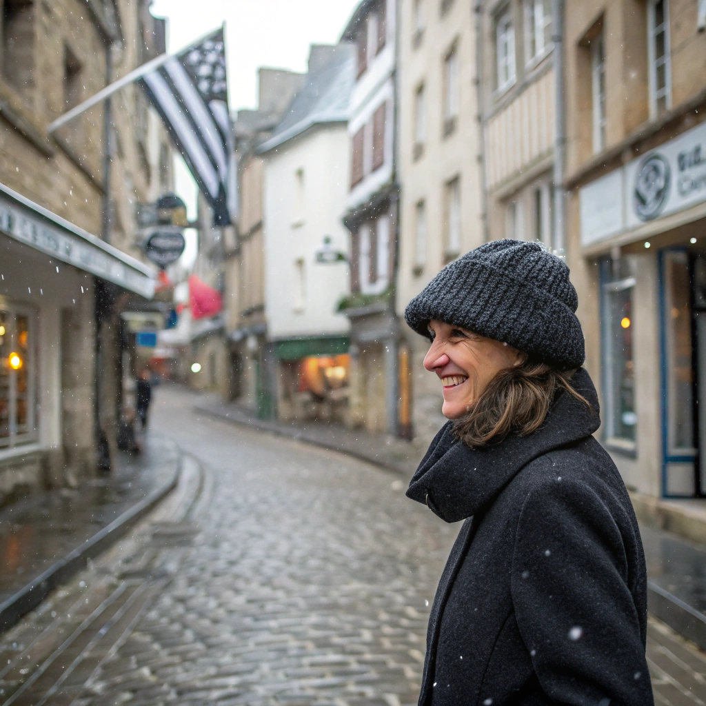 AI generated image by Red Panda AI: Une femme dans une rue, portant un bonnet gris anthracite, aux mailles fines, qu'elle tire sur son visage pour masquer ses yeux, tout en laissant apparaître un sourire. La rue est celle d'une ville bretonne, avec une route piétonne à pavés, un drapeau breton flottant et quelques enseignes de magasin. Nous somme en hiver, l'après-midi et il neige.