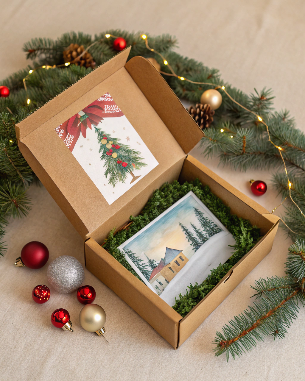 AI generated image by Red Panda AI: Caja de carton adornada de guirnalda y cosas navideños para incluir dentro de la caja una imagen de fotografia para hacer montaje