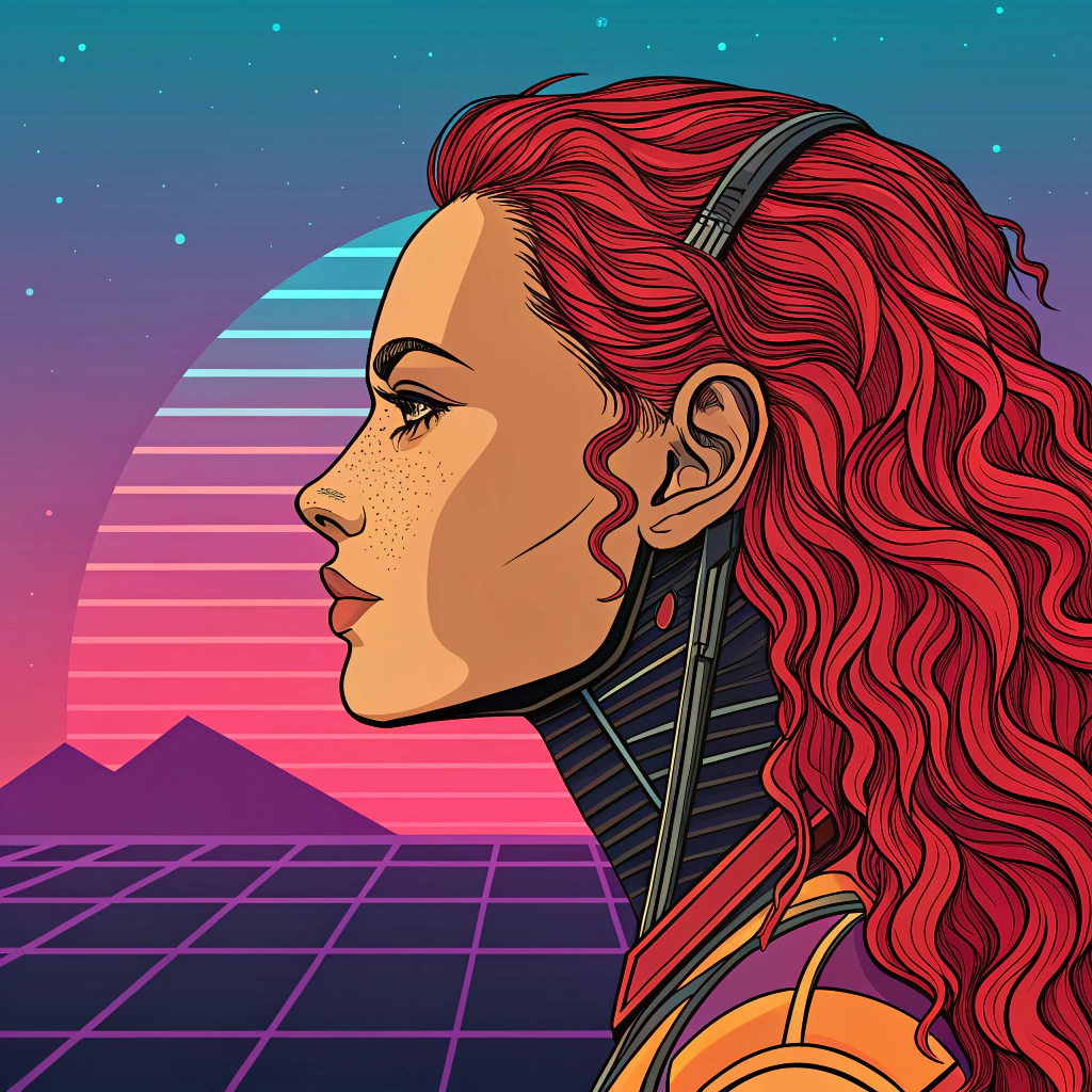 AI generated image by Red Panda AI: side profile of a demale cyborg with tan skin and long wavy scarlet hair, abstract pop art, background color is synthwave