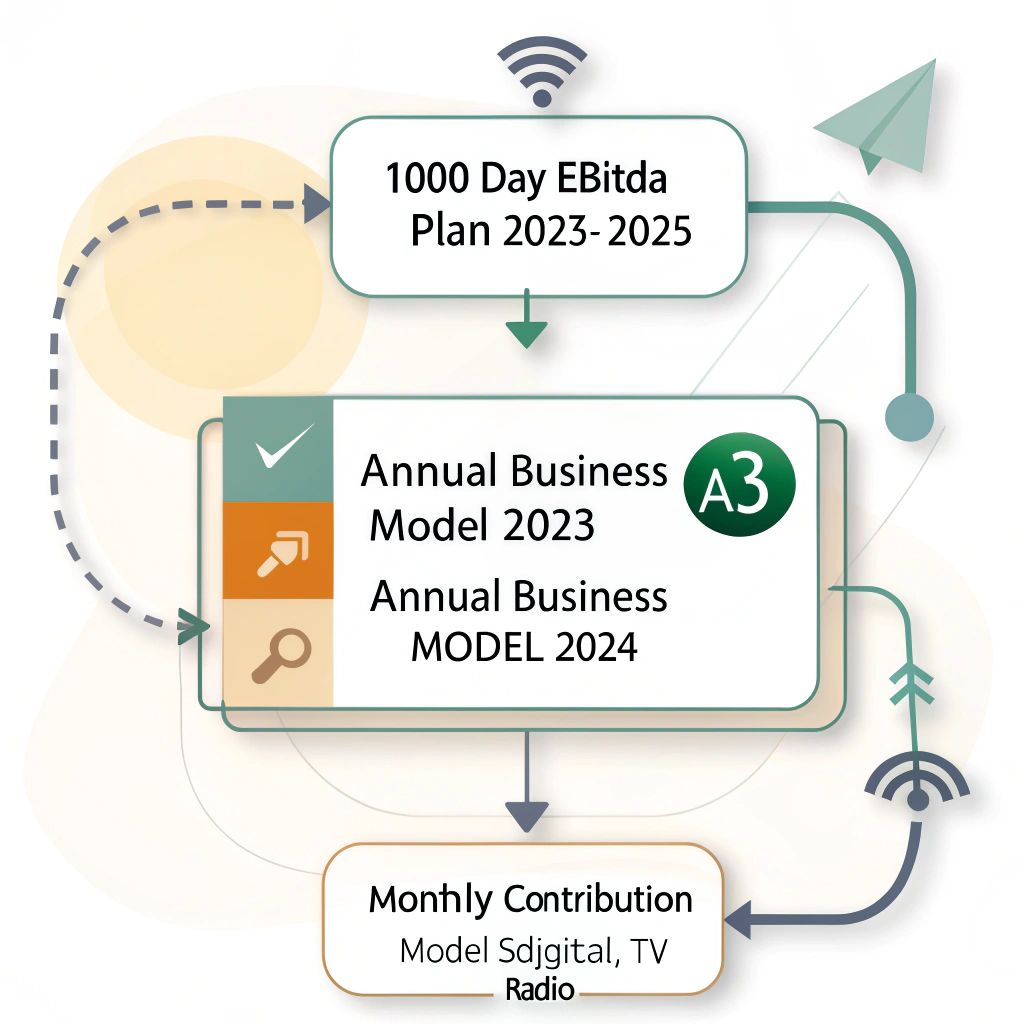 AI generated image by Red Panda AI: 
2024 Performance Review & 2025 Outlook
Relationship Between Planning Models
mermaidCopygraph TD
    A[1000 Day EBITDA Plan<br>2023-2025] --> B[Annual Business Model<br>2023]
    A --> C[Annual Business Model<br>2024]
    A --> D[Annual Business Model<br>2025]
    B --> E[Monthly Contribution Models<br>Digital, TV, Radio]
    C --> E
    D --> E