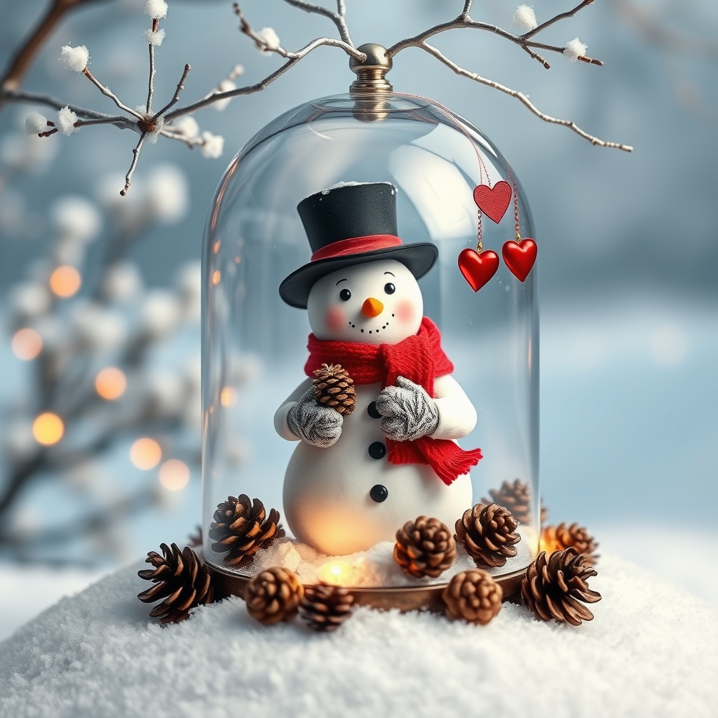 AI generated image by FLUX.1-schnell: A captivating and enchanting scene showcasing a charming snowman, encased in a delicate, silver-branched dome amidst a pristine winter landscape. The snowman, adorned with a cozy red scarf and a black top hat, tenderly holds a pinecone in its snow-covered arms. The scene is illuminated with a warm, inviting glow. Hanging from the dome are delicate red hearts, adding a touch of romantic charm. The dome rests on a layer of snow, decorated with small pinecones, creating an altogether whimsical and magical atmosphere.