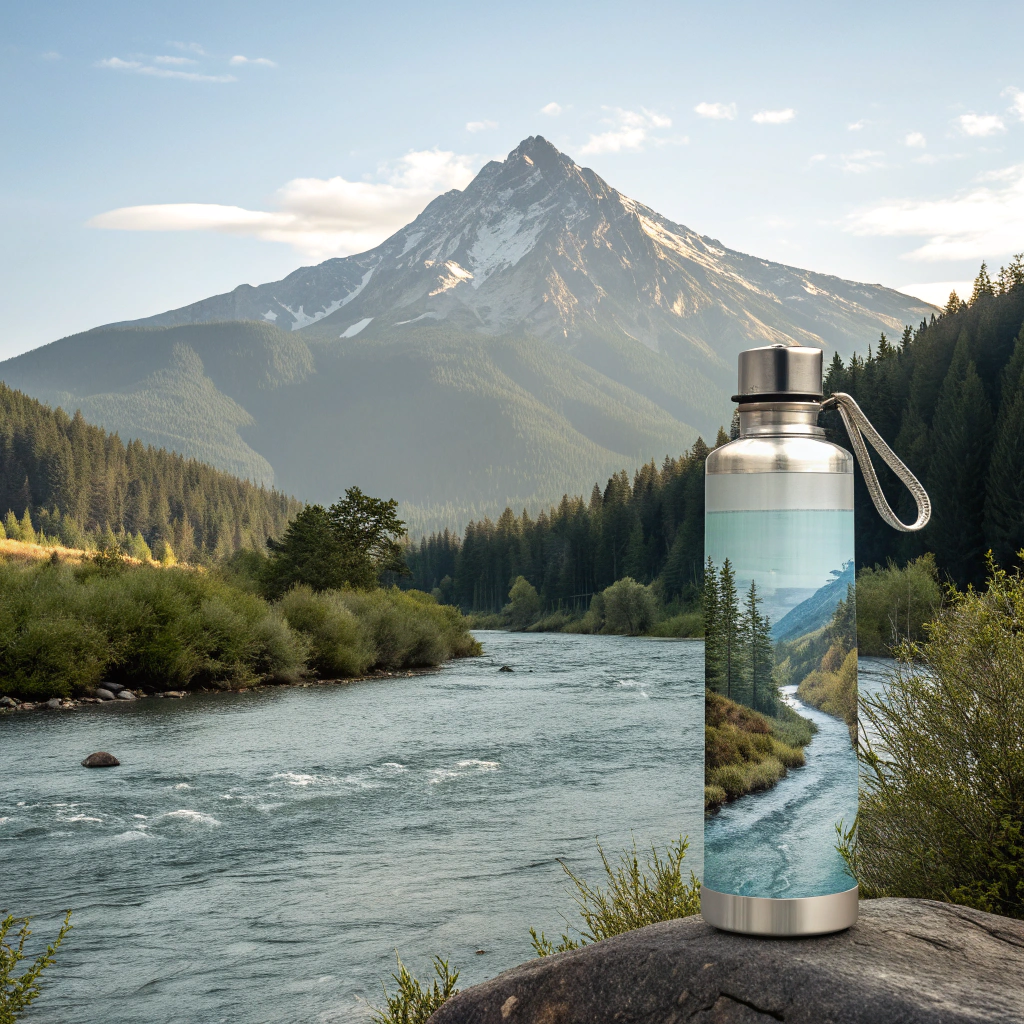 AI generated image by Red Panda AI: It generates a bottle of water with slide that has a slide attached to the nozzle and a mountain in the background and a river below.