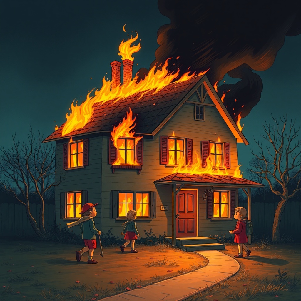 AI generated image by FLUX.1-schnell: Une maison en flammes et des enfants qui essaient d'éteindre le feu 