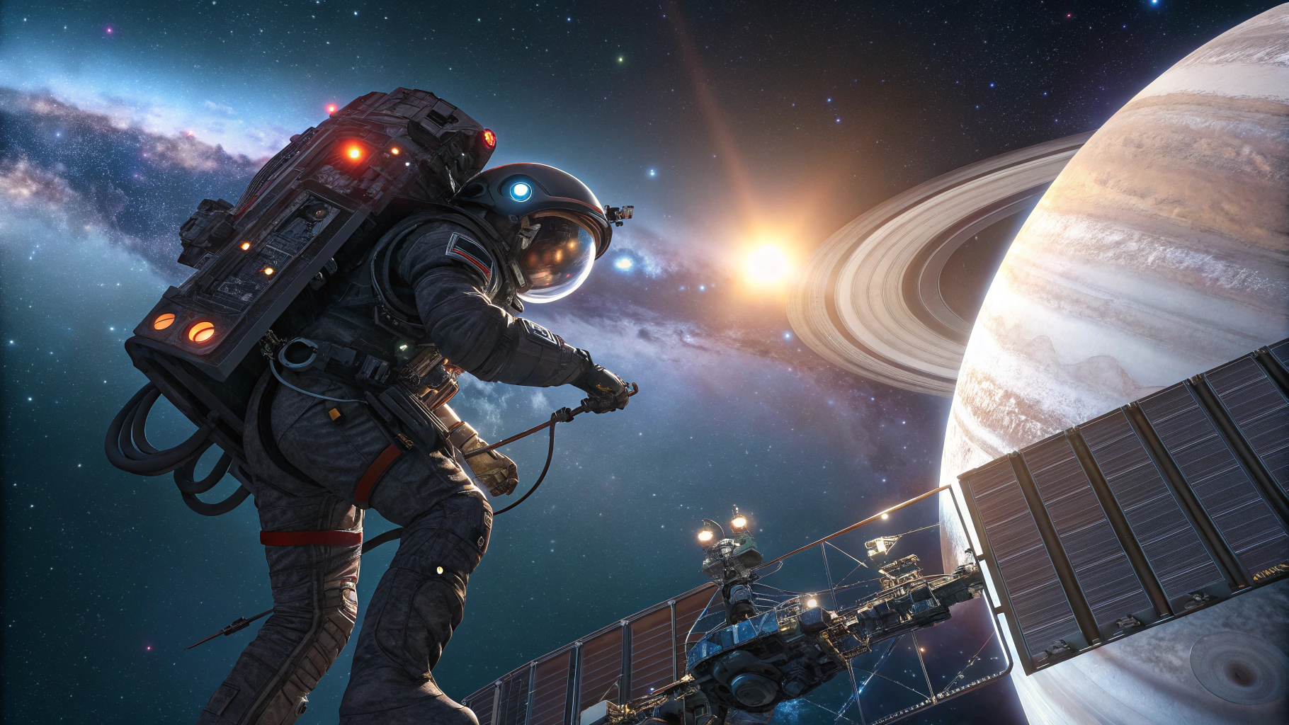 AI generated image by Red Panda AI: A wide-angle cinematic shot of a futuristic astronaut performing satellite repairs while floating in orbit near a majestic alien planet, a highly advanced satellite with glowing tech panels and mechanical arms, in the background a vivid Andromeda-like galaxy constellation lighting the cosmos, ultra-detailed textures, glowing stars and planetary rings, deep space environment, sharp contrast and high-definition clarity, captured with a Canon EOS R5, 24-70mm f/2.8 lens, vibrant and rich color grading