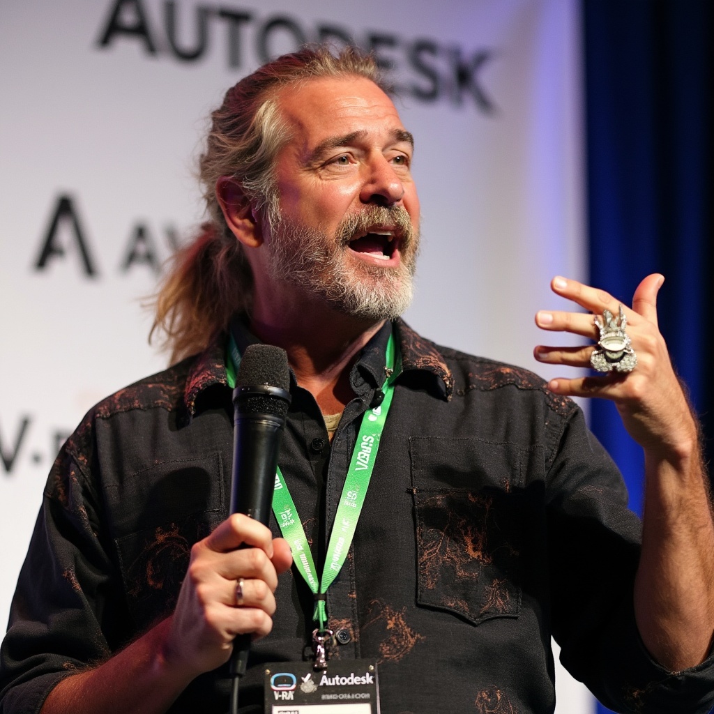 AI generated image by FLUX-Realism-Lora: A charismatic speaker is captured mid-speech. He has long, slightly wavy blonde hair tied back in a ponytail. His expressive face, adorned with a salt-and-pepper beard and mustache, is animated as he gestures with his left hand, displaying a large ring on his pinky finger. He is holding a black microphone in his right hand, speaking passionately. The man is wearing a dark, textured shirt with unique, slightly shimmering patterns, and a green lanyard with multiple badges and logos hanging around his neck. The lanyard features the "Autodesk" and "V-Ray" logos prominently. Behind him, there is a blurred background with a white banner containing logos and text, indicating a professional or conference setting. The overall scene is vibrant and dynamic, capturing the energy of a live presentation.