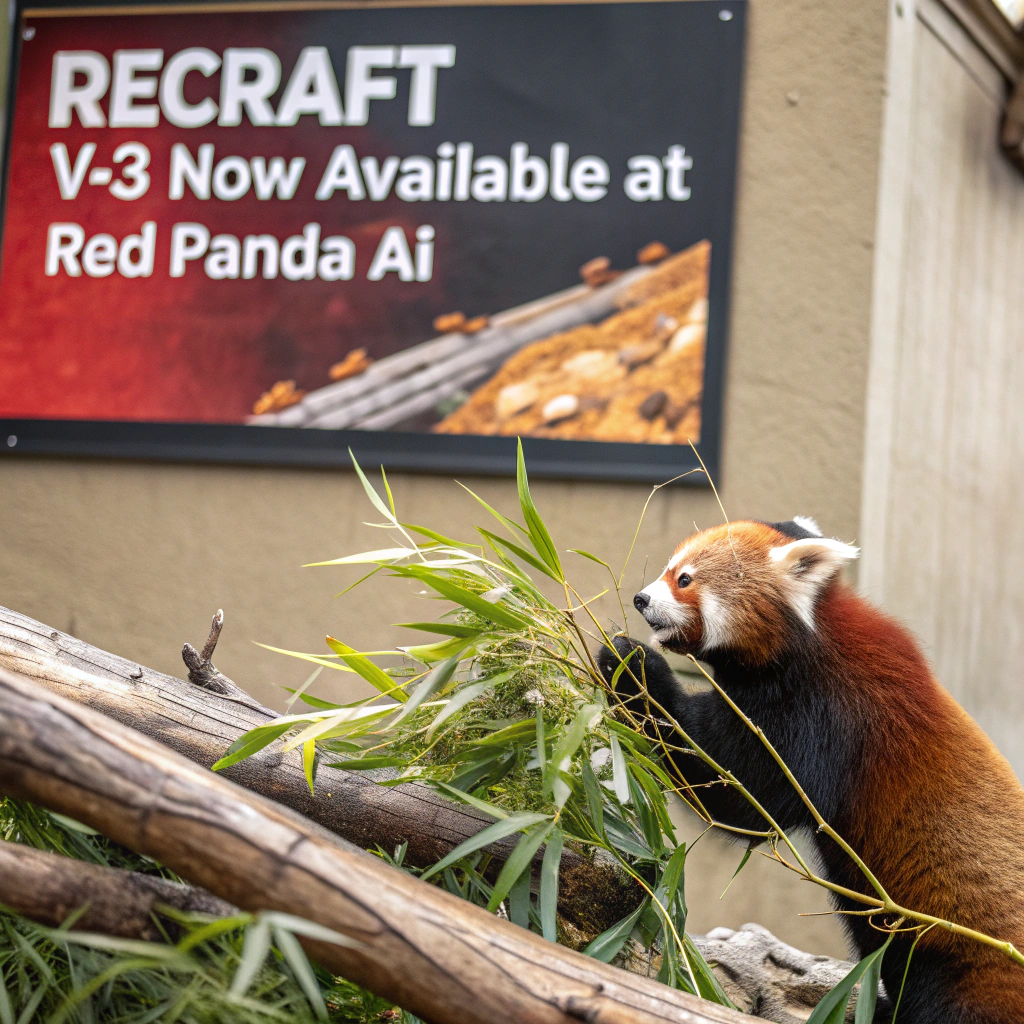 AI generated image by Red Panda AI: a red panda eating a bamboo in front of a poster that says "recraft V3 now available at red panda ai