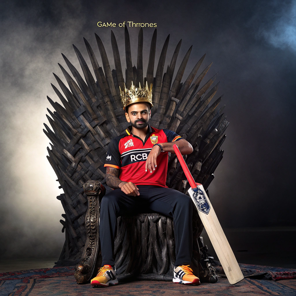 AI generated image by FLUX.1-schnell: Virat Kohli wearing his RCB jersey(2024) sitting on the 'game of thrones' throne wearing a crown and holding his bat as a sword