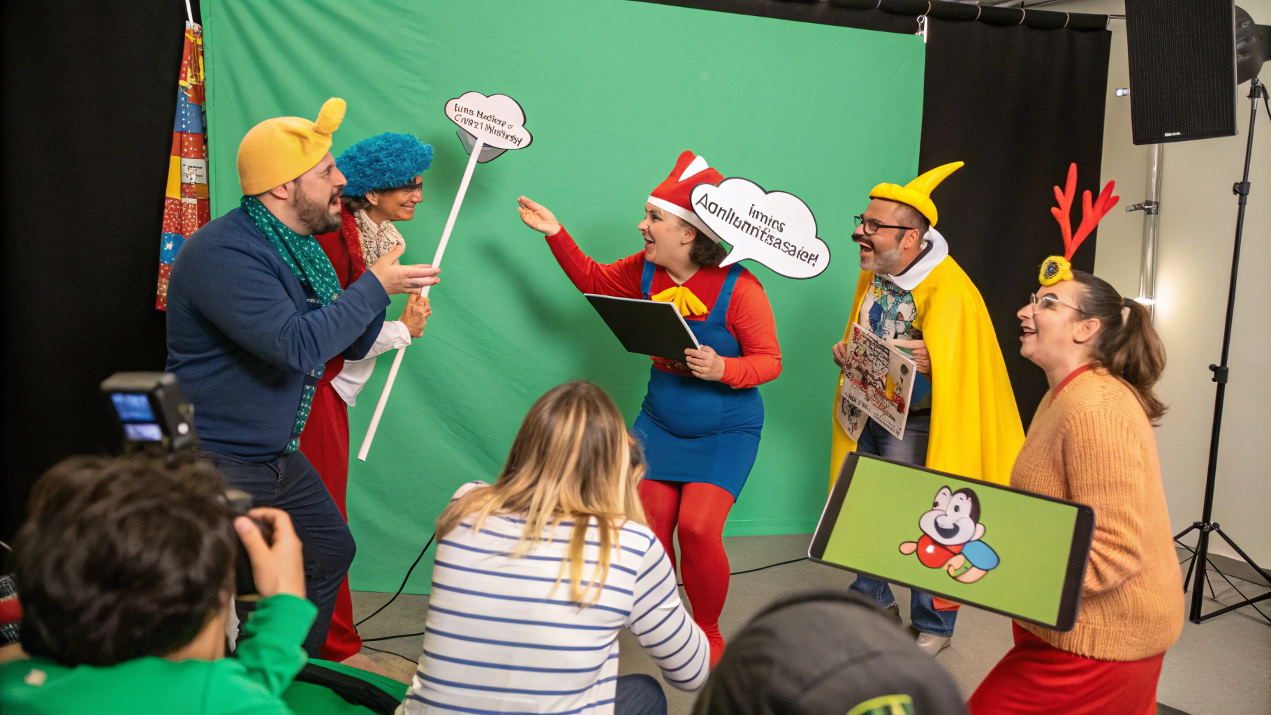 AI generated image by Red Panda AI: "A highly realistic and vibrant scene in a 16:9 format showing a team-building activity indoors, where colleagues of diverse ages (35 to 60) and genders are fully engaged in creating a comic book story. The participants are dressed in playful, colorful costumes inspired by classic French comic characters like Tintin, Astérix, and Lucky Luke. Some are holding comic props like speech bubbles, cardboard swords, and fun hats, while others are acting out scenes with expressive, exaggerated poses. In the foreground, one participant holds a tablet or storyboard, guiding the comic story development. Behind them, a large green screen serves as a backdrop for posing, ready to be edited with dynamic backgrounds later. The scene captures a sense of creativity, teamwork, and humor, as the group collaborates to bring their comic story to life, creating a lively and engaging atmosphere."
