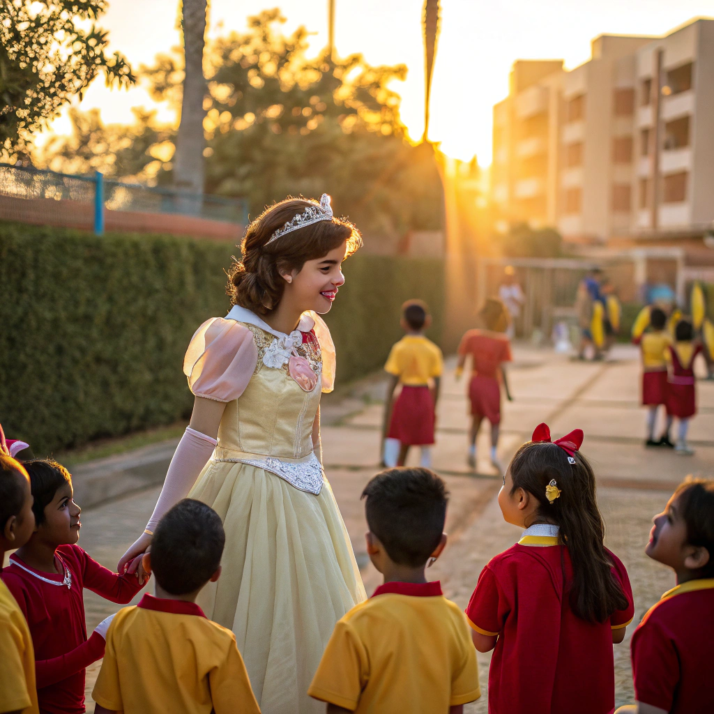 AI generated image by Red Panda AI: A hyper-realistic outdoor scene in a colorful school yard under the warm, golden sunlight. In the center is a person dressed as a modest and youthful princess character inspired by Disney, who appears as a girl, with a slightly large head that enhances her whimsical and endearing appearance. Her dress is simple but elegant, with soft pastel colors and delicate details that reflect innocence and charm. She wears a small, modest tiara and her expression is gentle and welcoming, blending in perfectly with the cheerful and down-to-earth surroundings. Around her are real student children in red or yellow uniforms, who interact with her with curiosity and enthusiasm, letting their emotions shine through. The background features vividly painted school buildings, lush greenery and textured surfaces, creating a harmonious mix of realism and subtle magic. The lighting is warm and dramatic, evoking the narrative style realistic