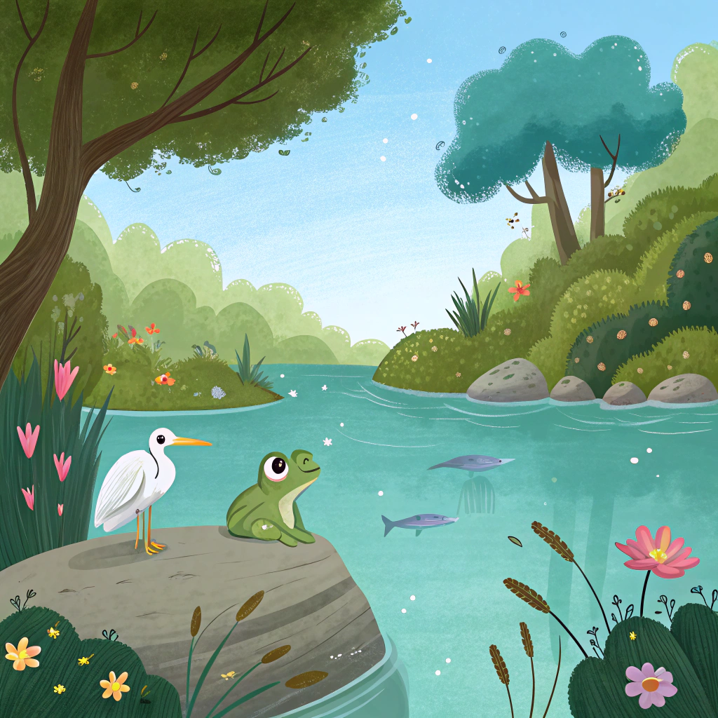 AI generated image by Red Panda AI: 1. La laguna encantada
Prompt:
"A magical enchanted lagoon surrounded by lush green trees and colorful wildflowers, with crystal-clear water reflecting a bright blue sky like a perfect mirror. A small frog with big, shiny eyes sits on a rock in the foreground, looking peaceful and observant. In the background, a duck swims calmly in the water, a heron stands elegantly on a low branch, and fish swim near the surface. Bright, vibrant colors, soft lighting, whimsical and serene atmosphere. Illustration style: storybook art, painterly and detailed."