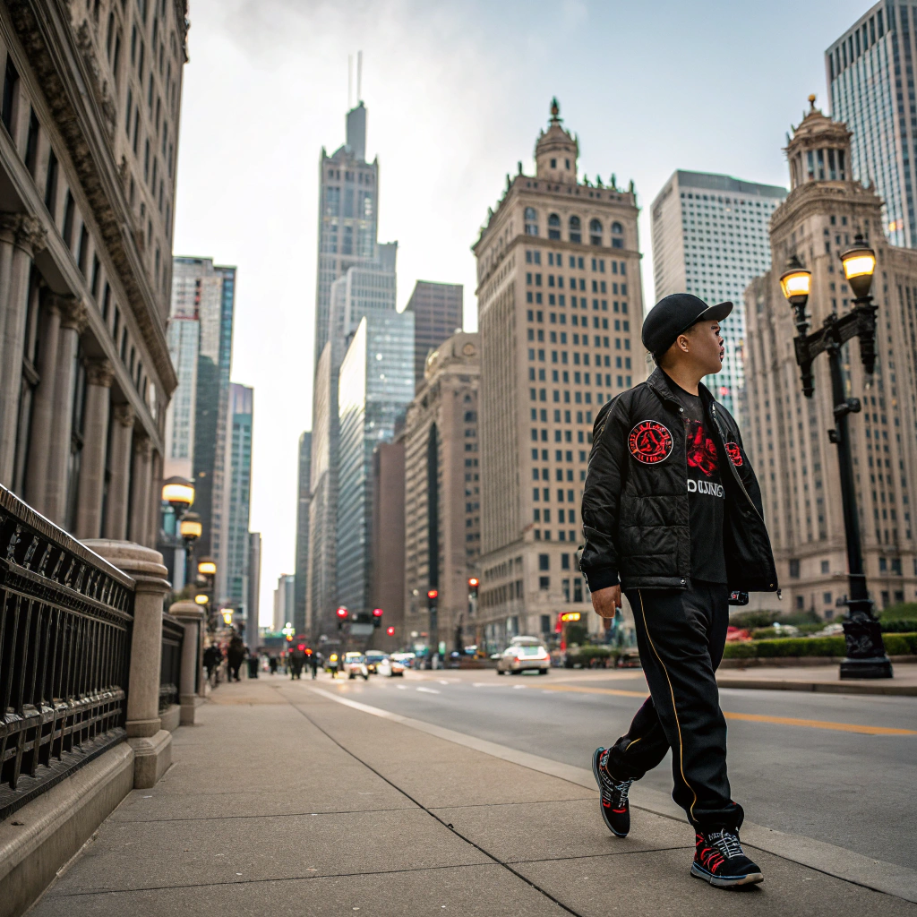 AI generated image by Red Panda AI: Laibach clothing Asian guy walking in chicago 