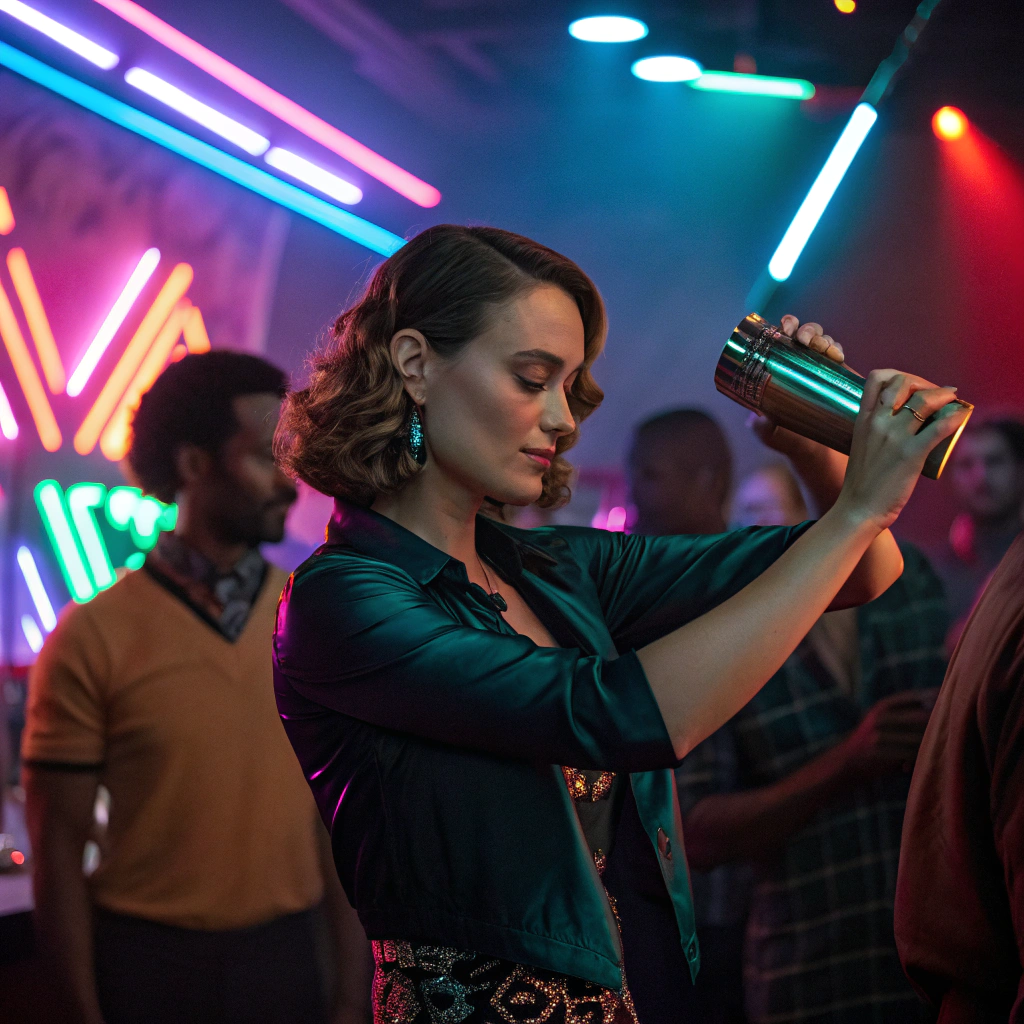 AI generated image by Red Panda AI: Woman in a group shaking a cocktail, dimly lit room with neon lighting