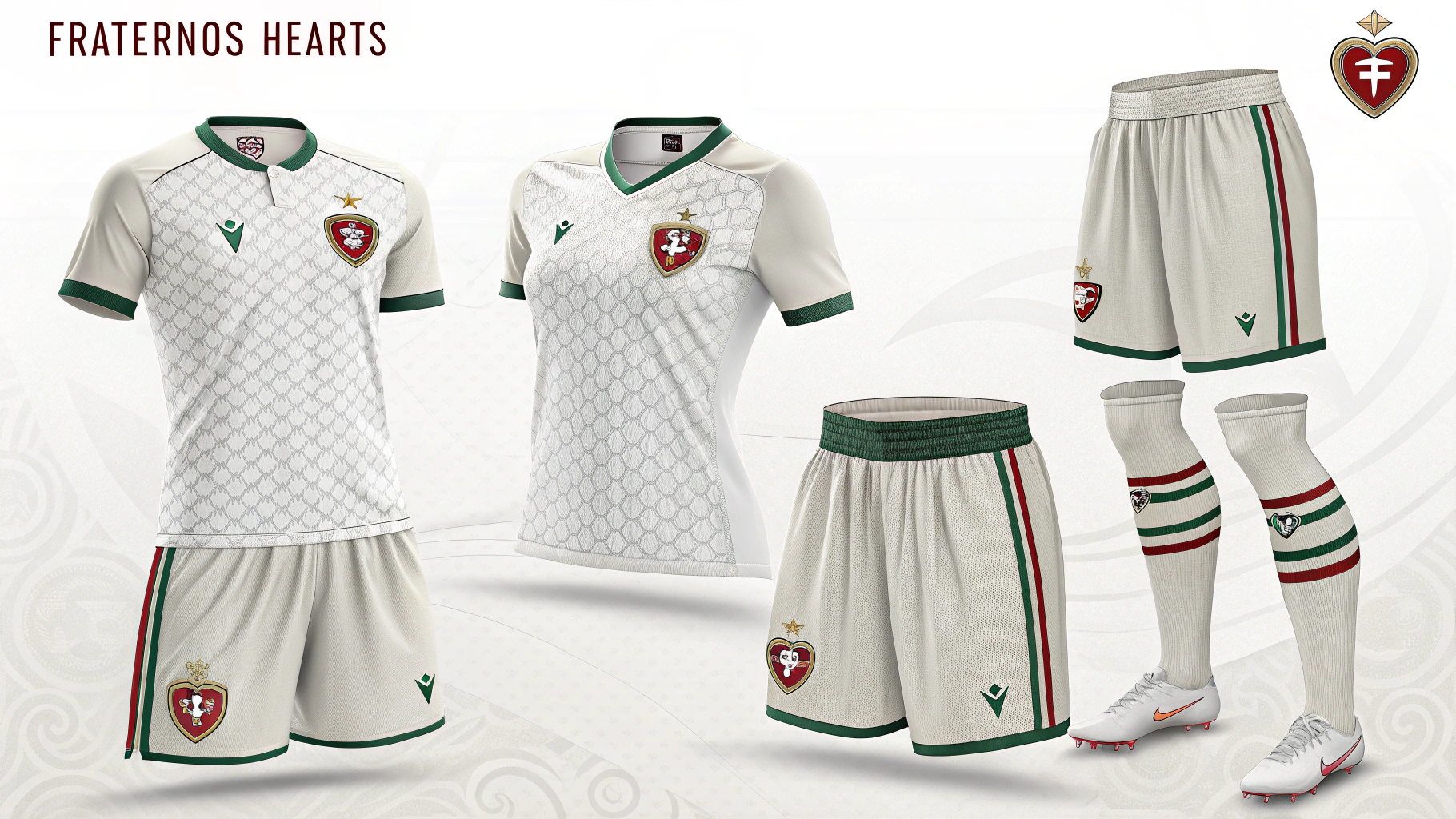 AI generated image by Red Panda AI: "Eres un experto en diseño de vestimenta deportiva juvenil con experiencia en uniformes de fútbol personalizados. Diseña un uniforme completo para un equipo de fútbol masculino (camiseta y pantaloneta) y para un equipo femenino (camiseta y falda), inspirado en la temática 'Corazones Fraternos' desde el carisma franciscano. El diseño debe reflejar visualmente valores como la fraternidad, la humildad, la paz y la solidaridad. Utiliza una paleta de colores que evoca esta temática (por ejemplo, tonos tierra, blanco, rojo suave, beige, marrón, verde oliva). El diseño debe ser moderno, atractivo para jóvenes y apto para la práctica deportiva. Incluye detalles gráficos (íconos, patrones o símbolos) que refuercen el concepto sin sobrecargar la estética. Proporciona una descripción visual detallada del diseño y explica brevemente las decisiones de estilo y color.