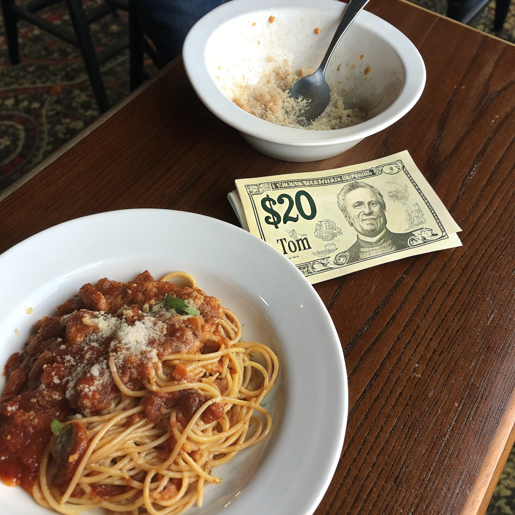 AI generated image by Red Panda AI: There is a plate of steaming spaghetti on the table, and next to it is a bill showing a $30 bill signed by Tom, from a bird's eye view