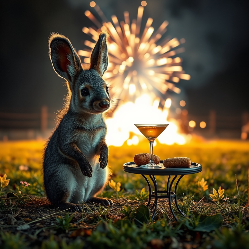 AI generated image by FLUX.1-schnell: Ein Kaninchen mit langen Ohren und mit dunkelgrauem Fell sitzt auf einer Wiese. Daneben steht ein kleiner Tisch gedeckt mit einem Cocktail und Knabbersachen. Im Hintergrund explodiert ein Feuerwerk. Deshalb schaut das Kaninchen ängstlich in die Kamera