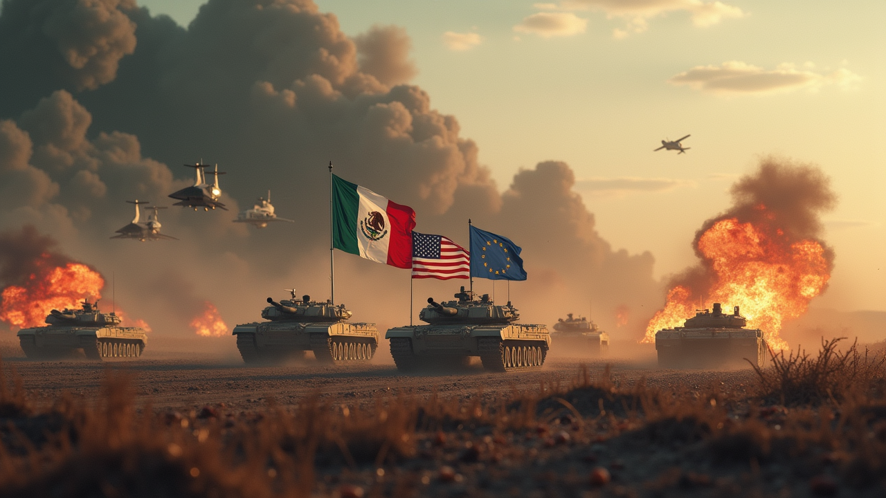 AI generated image by Red Panda AI: image of a battlefield with smoke and fire, with tanks and planes, with the flag of Mexico, the flag of the European Union, the flag of the United States in the middle.