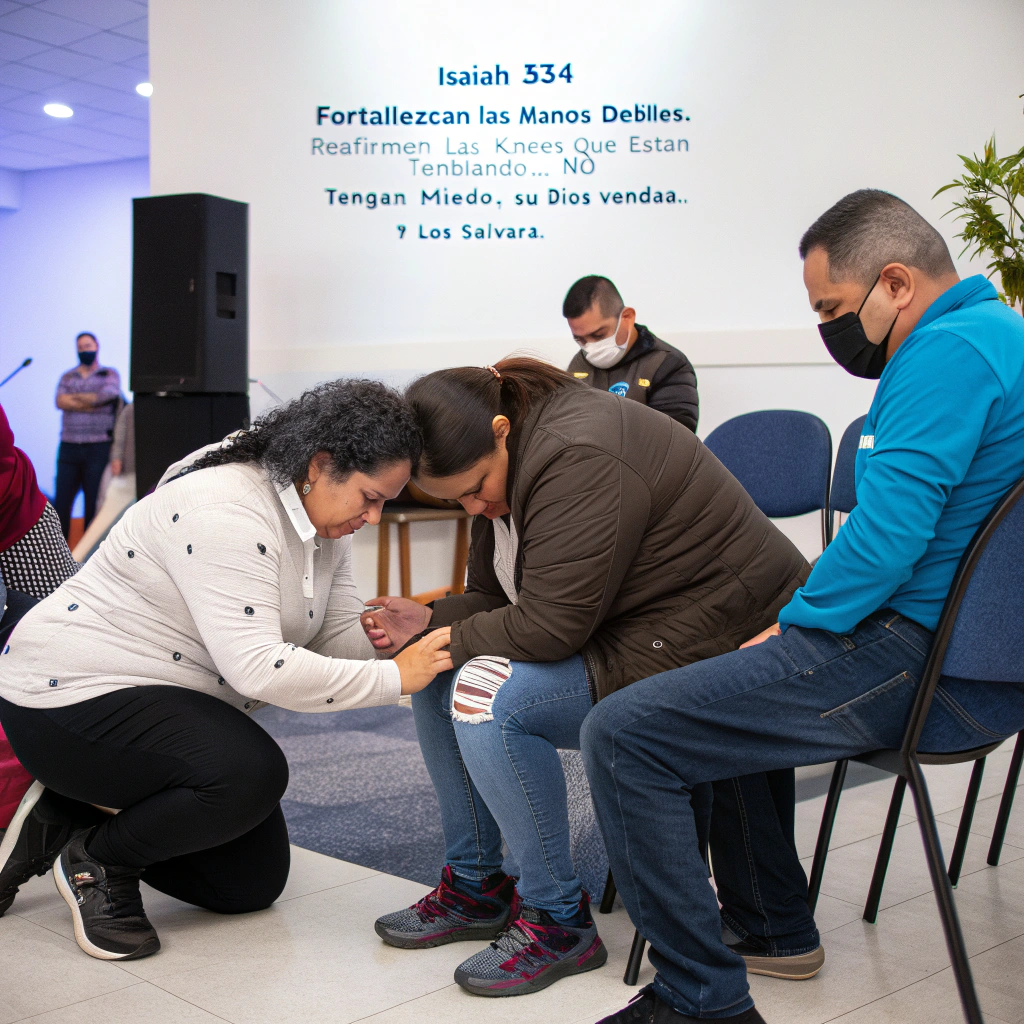 AI generated image by Red Panda AI: crea una imagen usando el texto isaias 35:3-4 “Fortalezcan las manos débiles. Reafirmen las rodillas que están temblando... No tengan miedo. Su Dios vendrá... y los salvará.”