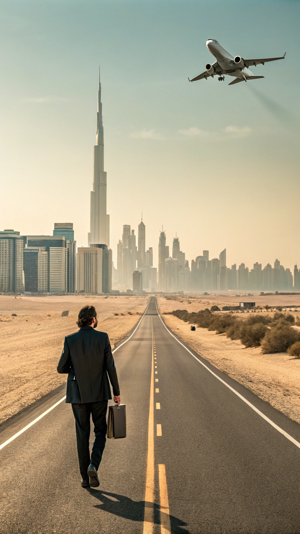 AI generated image by Red Panda AI: A cinematic-style photo of a modern desert road leading to a large city in the background. A well-dressed man is walking along the path towards the city, symbolizing prosperity. An airplane is flying overhead, and a Lamborghini is also visible on the road, as well as a Macbook in his hands, symbolizing that he makes money online. There is a beautiful woman in the scene, but she is not the main focus, serving as a trophy next to the man, maintaining the harmony and sophistication of the design. Place the couple in the center of the image.

NOTE> I would like this image to be as close to reality as possible, as if it were a photo taken by a professional camera, a7s 3 style with a zoom lens that brings the buildings closer and blurs the background well, highlighting the characters in the scene, a poster that looks like it was captured by a high-quality camera, maintaining the entire cinematic style of Netflix.
