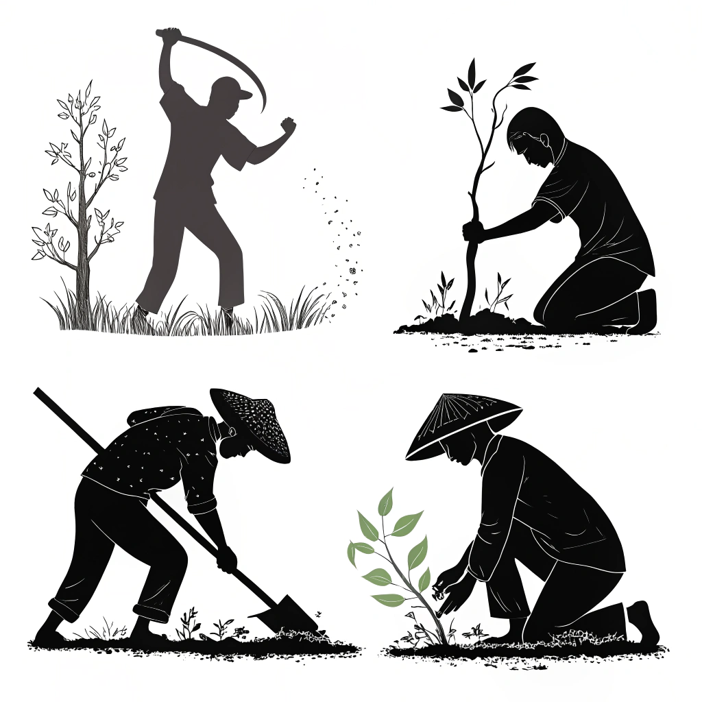 AI generated image by Red Panda AI: A series of simplified black and white silhouette icons depicting a mystical cultivator (修士) with ink brushstroke textures. The designs show the cultivator in various poses symbolizing severing meridians for rebirth, including clenched fists, kneeling, and reaching upward. Each icon is minimalistic, with bold ink strokes and clean forms, emphasizing emotional intensity and transformation. The designs are grouped together in a cohesive sprite sheet format, suitable for mystical or ancient themes.