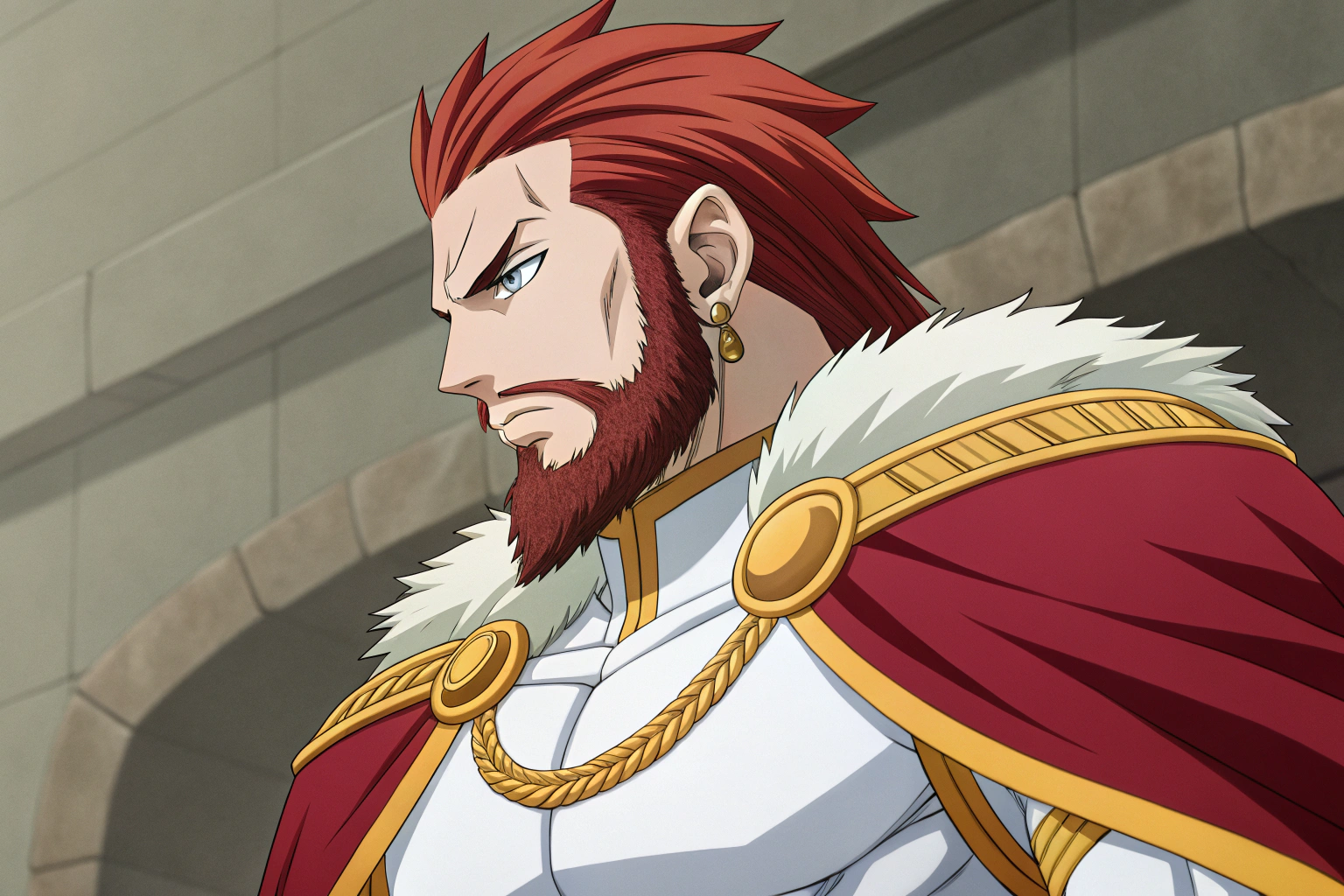 AI generated image by Red Panda AI: give me a character of high nobility, royalty, powerful (anime genre), male, man, powerful sigma male, imposing and influential figure (semi-long red hair, mullet style) of royalty, powerful influential person in the court (he wears elegant clothes with very elegant fabrics, all his clothes with gold edges and with white gloves) with earrings, serious look, imperial royal head, (with a short but thick beard of red texture) with an athletic body but with a good percentage of muscle mass.