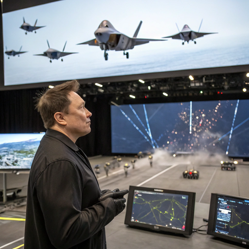 AI generated image by Red Panda AI: Musk remotely controlled a swarm of thousands of drones to fight against a top-of-the-line F35 and successfully shot it down.